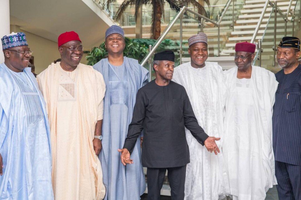 From left: Ahmed Lawan, senate majority leader; Ike Ekweremadu, deputy senate president; Bukola Saraki, senate president; Acting president, Yemi Osinbajo; Yakubu Dogara, speaker house of representatives; Abba Kyari, chief of staff and Udoma. U. Udoma, minister of budget and national planning after the signing of 2017 budget at the State House