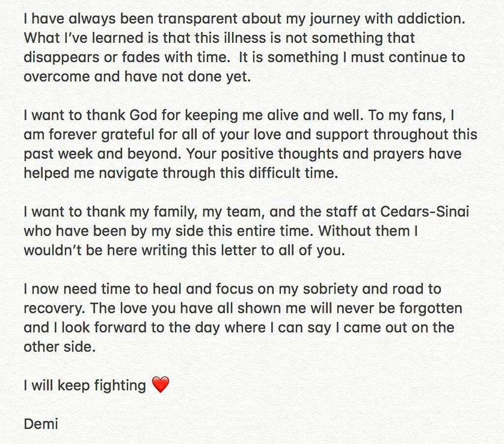 Demi Lovato Statement on Drug Overdose