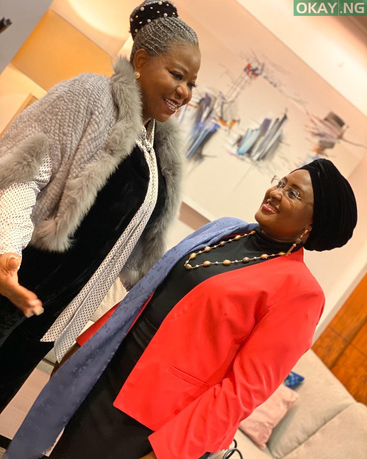 Wife of the Nigerian President, Aisha Buhari alongside Wife of the Nigerian Ambassador to the United Kingdom, Mrs. Modupe Oguntade, in London