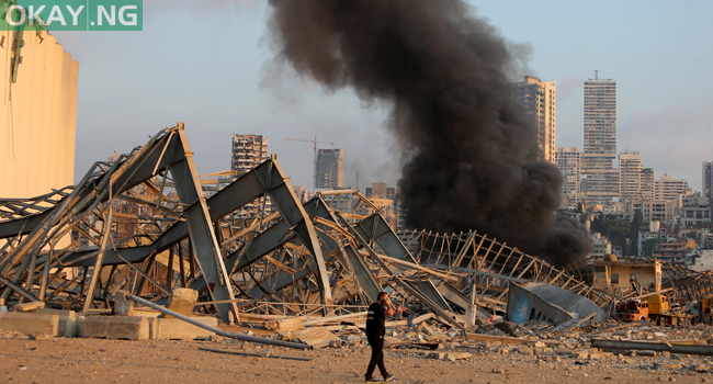 A picture shows the scene of an explosion near the port in the Lebanese capital Beirut on August 4, 2020. STR / AFP
