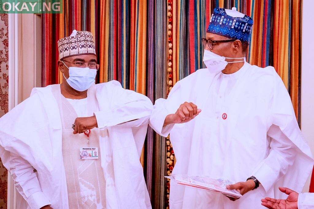 President Muhammadu Buhari with the Chairman/Chief Executive of the National Drug Law Enforcement Agency, NDLEA, Brig. Gen. Mohamed Buba Marwa (Retd), OFR, When he received briefing from the NDLEA boss at the State House, Abuja on Friday 3rd Sep. 2021