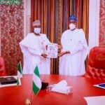 President Muhammadu Buhari with the Chairman/Chief Executive of the National Drug Law Enforcement Agency, NDLEA, Brig. Gen. Mohamed Buba Marwa (Retd), OFR, When he received briefing from the NDLEA boss at the State House, Abuja on Friday 3rd Sep. 2021