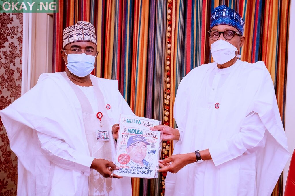 President Muhammadu Buhari with the Chairman/Chief Executive of the National Drug Law Enforcement Agency, NDLEA, Brig. Gen. Mohamed Buba Marwa (Retd), OFR, When he received briefing from the NDLEA boss at the State House, Abuja on Friday 3rd Sep. 2021