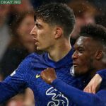 Chelsea’s German midfielder Kai Havertz (l) celebrates scoring his team’s third goal WITH Chelsea’s English midfielder Callum Hudson-Odoi during the Champions League group H football match between Chelsea and Malmo FF at Stamford Bridge in London on October 20, 2021. Adrian DENNIS / AFP