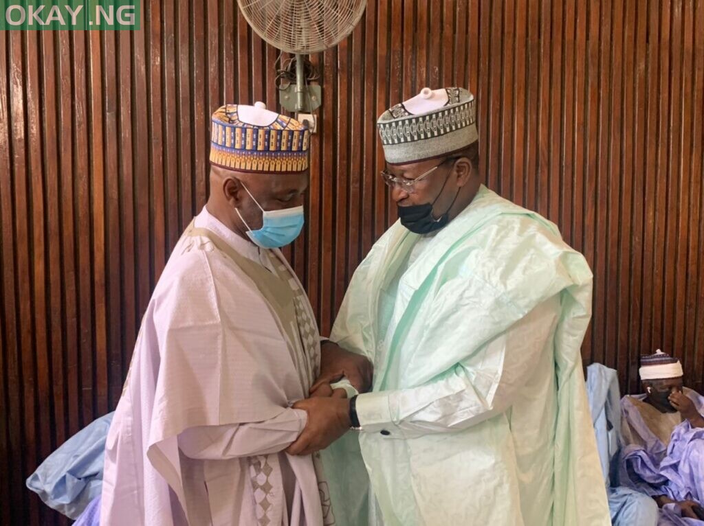 Prof. Umar Danbatta, EVC NCC, commiserating with Baba Buhari, eldest son of the deceased.