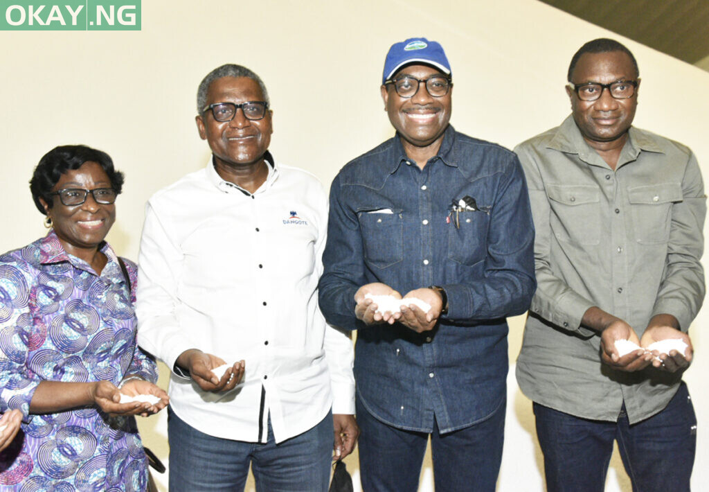 L-R, Wife of the President African Development Bank (ADB), Yemisi Adesina, President/ CE, Dangote Industries Limited, Aliko Dangote, President African Development Bank (ADB), Dr. Akinwunmi Adesina, Chairman Geregu Power Plc; Femi Otedola, Display Fertilizer, During the African Development Bank (ADB) President, Fermilirasation Visit to the Dangote Oil Refinery Projects, Lekki Lagos on Saturday 22nd January 2022