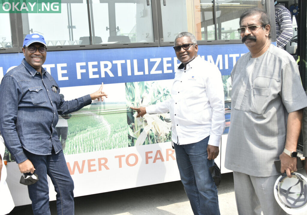 L-R, President African Development Bank (ADB), Dr. Akinwunmi Adesina, President/ CE, Dangote Industries Limited, Aliko Dangote, Group Executive Director, Strategy, Capital Projects & Portfolio Development, Dangote Industries Limited, Devakumar Edwin; During the African Development Bank (ADB) President, Fermilirasation Visit to the Dangote Oil Refinery Projects, Lekki Lagos on Saturday 22nd January 2022