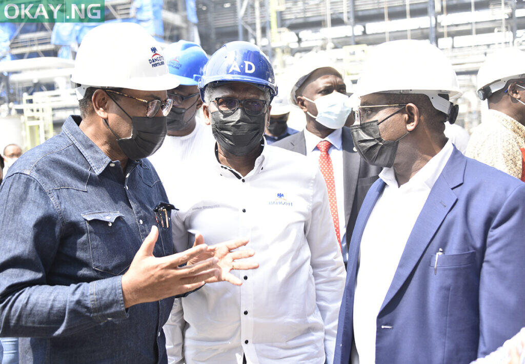 L-R, President African Development Bank (ADB), Dr. Akinwunmi Adesina, President/ CE, Dangote Industries Limited, Aliko Dangote, African Development Bank (ADB) Senior Special Adviser to the President on Industrialization, Prof. Oyebanji Oyelaran-Oyeyinka, During the African Development Bank (ADB) President, Fermilirasation Visit to the Dangote Oil Refinery Projects, Lekki Lagos on Saturday 22nd January 2022