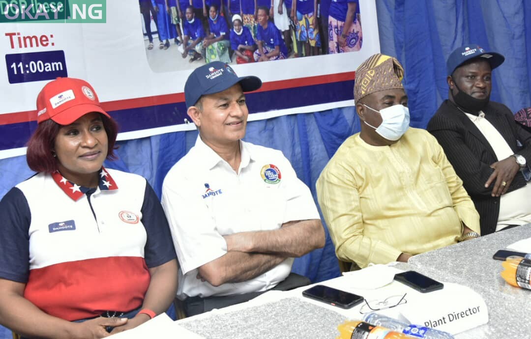 L-R; Industrial Training Fund (ITF) Ogun state Area Manager / Deputy Director, Funmi Coker, Dangote Cement PLC Ibese Plant Director, Azad Nawabuddin, Ogun state Commissioner for Community Development and Cooperatives, Ganiyu Hamzat, Dangote Cement PLC Ibese Plant, General Manager, Human Assets Manager/ Admin, Abu Sufyan, at the Closing Ceremony of Dangote Cement Plc Ibese Plant, Host Communities Youths Skill Acquisition and Empowerment Program, held in Ibese Cement Plant Ogun state at the weekend.
