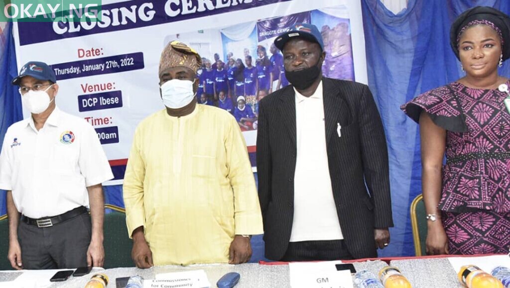 L-R; Dangote Cement PLC Ibese Plant Director, Azad Nawabuddin, Ogun state Commissioner for Community Development and Cooperatives, Ganiyu Hamzat, Dangote Cement PLC Ibese Plant, General Manager, Human Assets Manager/ Admin, Abu Sufyan, Vice Chairman Yewa North local Government, Mrs. Olubukola, during the Closing Ceremony of Dangote Cement Plc Ibese Plant, Host Communities Youths Skill Acquisition and Empowerment Program held in Ibese Cement Plant Ogun state at the weekend.
