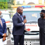 Right -Left: Governor Kayode Fayemi, Executive Governor, Ekiti State; Ubon Udoh, Managing Director, ASR Africa and O’tega Ogra, Group Head, Corporate Communications, BUA Group during the handing over of the 3 ambulances