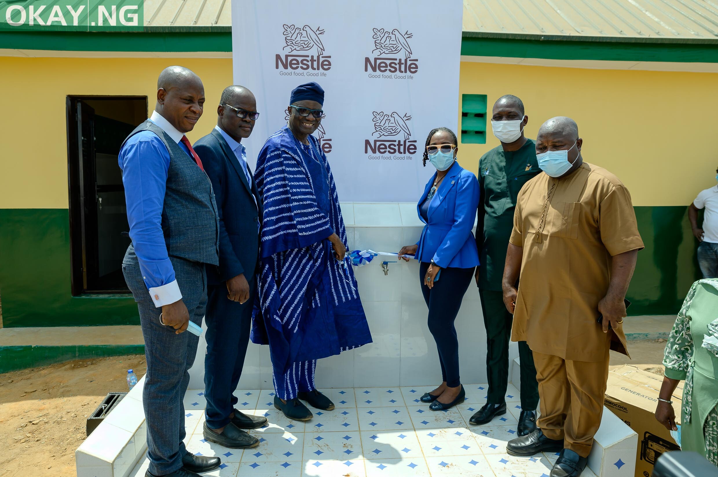 L-R: Mr. Oluwatosin Sofoluwe, Deputy Zonal Education Officer for Obafemi Owode, representing the Ogun State Honorable Commissioner for Education, Science and Technology, Prof. Abayomi Arigbabu. Mr. Sola Ogunbo, Program Manager, Ogun State Rural Water Supply and Sanitation Agency Dr Femi Majekodunmi, Executive Chairman, Ogun State Universal Basic Education Board (SUBEB) Victoria Uwadoka, Corporate Communications and Public Affairs Manager, Nestlé Nigeria PLC Shakiru Lawal, Country HR Manager, Nestlé Nigeria PLC Gbenga Oladunjoye, Factory Manager, Nestlé Flowergate Factory