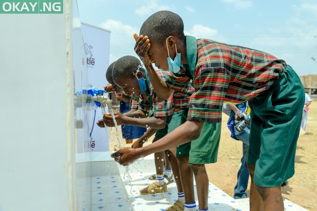 Leaners of All Saints Primary School Owode in Ogun State, using the newly commissioned facility.
