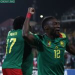 Cameroon’s forward Karl Toko Ekambi celebrates their victory after the penalty shoot-out at the end of the Africa Cup of Nations (CAN) 2021 third place football match between Burkina Faso and Cameroon at Stade Ahmadou-Ahidjo in Yaounde on February 5, 2022. Kenzo TRIBOUILLARD / AFP