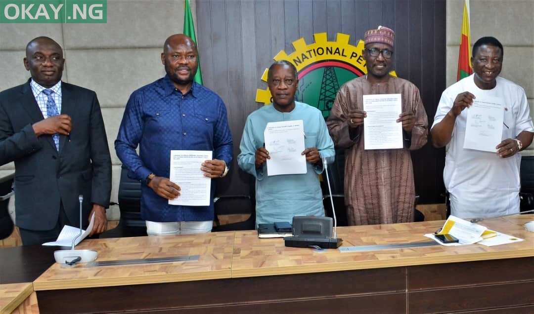 L-R: Alh. Yusuf Lawal Othman, (National President, NARTO), Comrade Williams Akporeha (National President, NUPENG) Abiodun Adeniji (ED F&A, NMDPRA), Mallam Mele Kyari, Chief Executive Officer/ Group Managing Director, NNPC Limited and Otunba S.A Oladiti (Chairman, PTD)