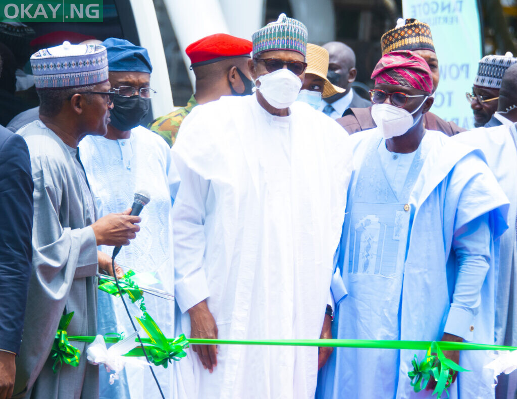 L-R: President/CE, Dangote Industries Limited, Aliko Dangote; Speaker, House of Representatives, Rt. Hon. Femi Gbajabiamila; President Muhammadu Buhari; and Lagos State Governor, Babajide Sanwo-Olu, during the commissioning of Dangote Fertiliser 3.0 Metric Tonnes Urea Plant, Dangote Industries Free Zone, Ibeju-Lekki, Lagos on Tuesday, March 22, 2022