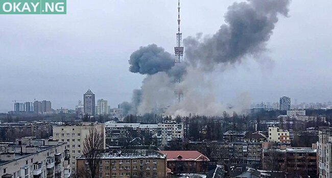 This handout picture released on the Facebook page of the Ukrainian Interior ministry on March 1, 2022 show the smoke after a missile attack targeting the Ukrainian capital’s television centre in Kyiv. UKRAINIAN INTERIOR MINISTRY PRESS SERVICES / AFP