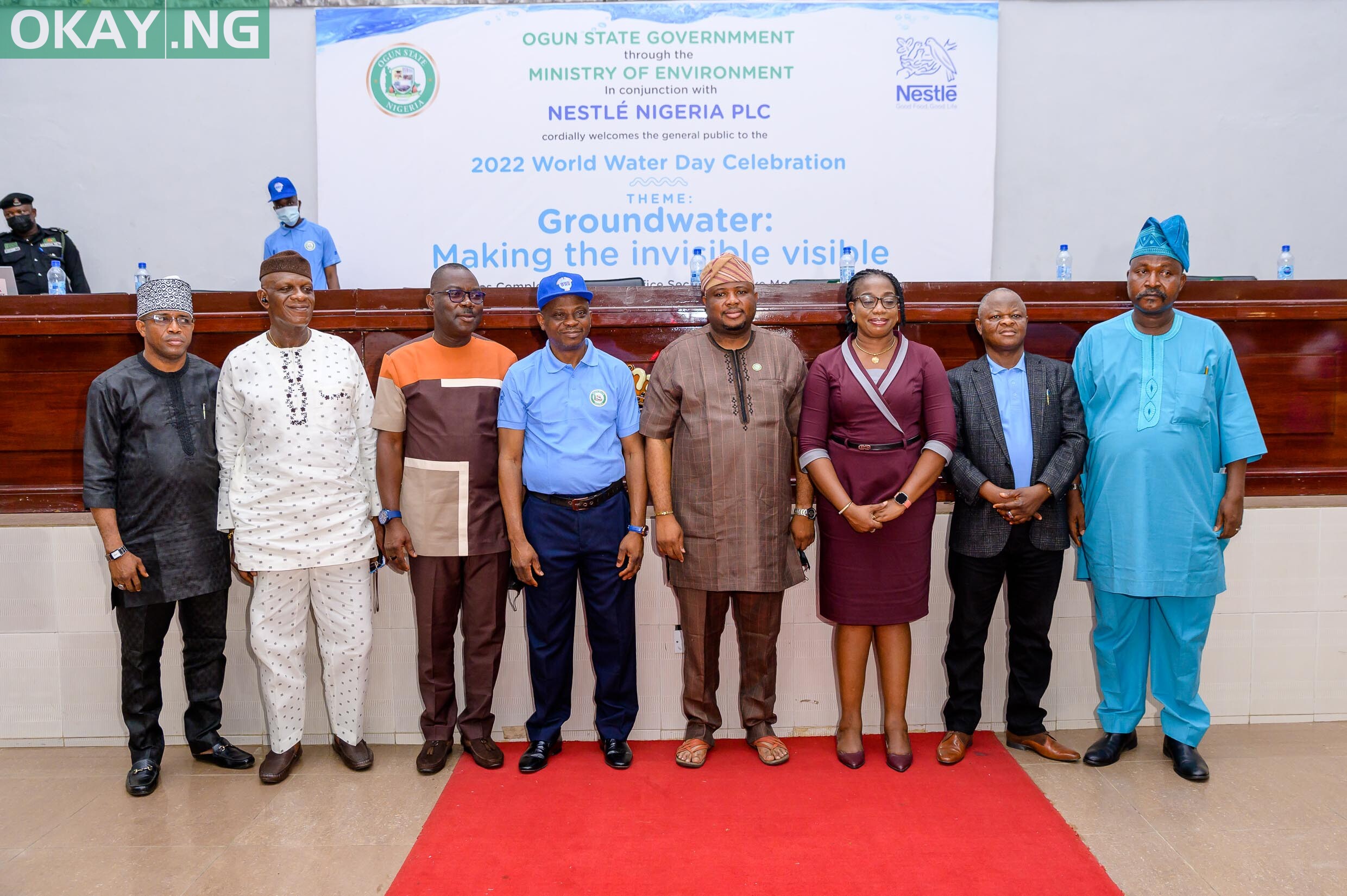 (L – R) Permanent Secretary, Bureau of Cabinet and Special Services, Alhaji Olanrewaju Saka; Permanent Secretary Ministry of Rural Development and Water Resource Ogun State; Mr Adetunji Kanimodo; Guest Speaker, Prof. Abiodun Badmus; Head of Service Ogun State Dr. Nafiu Olatunde Aigoro; Representative of the Deputy Governor, Ogun State SSA Hon. Kola Salako; Category and Marketing Manager, Nestle Waters, Mrs Gloria Nwabuike; Director Planning , Ogun Osun Rivers Basin Authority, Engr Adewale Adeoye and Permanent Secretary Ministry of Environment Ogun State Engr Rasaki Olabode