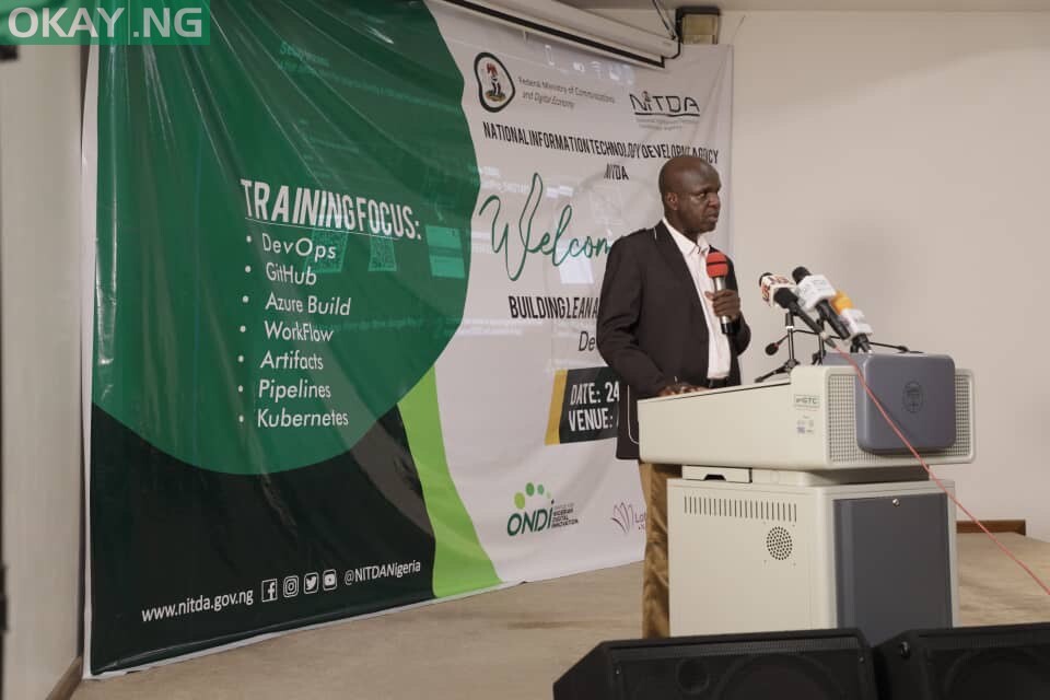 Representative of the Director General National Information Technology Development Agency NITDA Kashifu Inuwa CCIE, Engr Salisu Kaka flanked by some of the Participants of the Capacity Building Workshop on Lean and Agile Products with DevOps organized by the Agency.