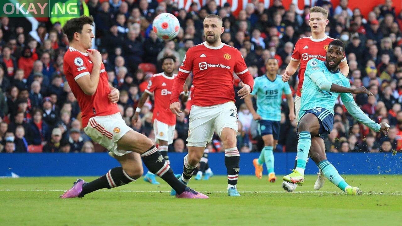Leicester City’s Nigerian striker Kelechi Iheanacho shoots the ball but misses to score during the English Premier League football match between Manchester United and Leicester City at Old Trafford in Manchester, north west England, on April 2, 2022. (Photo by Lindsey Parnaby / AFP)