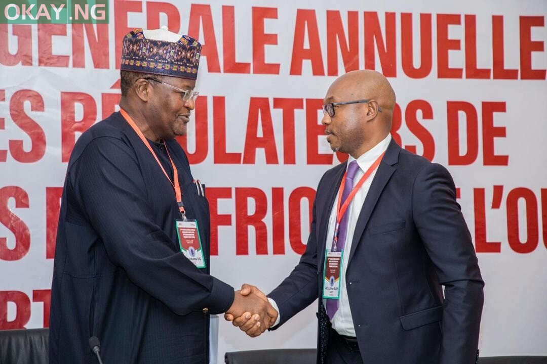Prof. Umar Garba Danbatta, outgoing Chairman, West African Telecommunications Regulators Assembly (WATRA)/Executive Vice Chairman, Nigerian Communications Commission (NCC), and Mr. Sekou Oumar Barry. Danbatta hands over to Mr. Barry, the new WATRA Chairman, during the 19th Annual General Meeting of the Assembly in Conakry, Republic of Guinea recently.