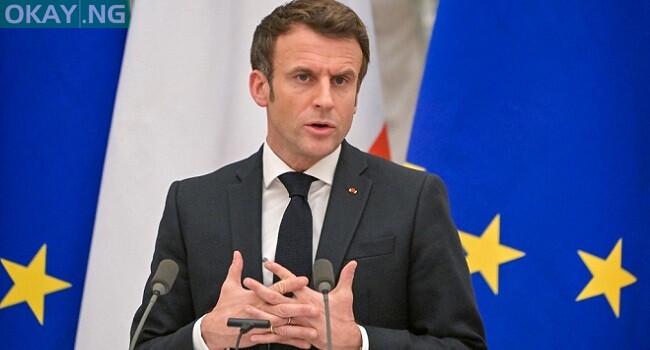 French President Emmanuel Macron attends a joint press conference with Russian President Vladimir Putin (off frame) in Moscow, early on February 8, 2022. – International efforts to defuse the standoff over Ukraine intensified with French President holding talks in Moscow and German Chancellor in Washington to coordinate policies as fears of a Russian invasion mount. (Photo by Sergei GUNEYEV / SPUTNIK / AFP)