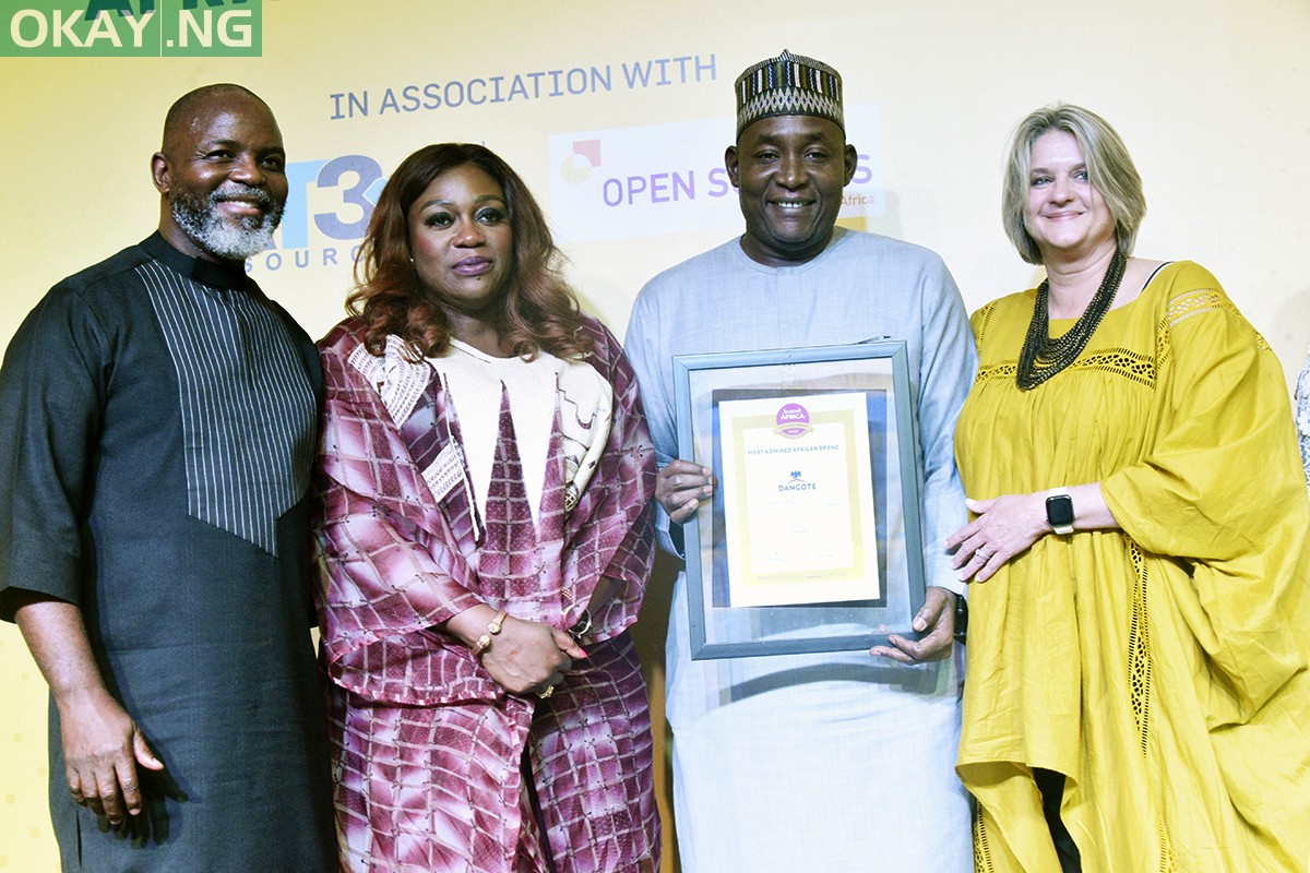 L-R, Thebe Ikalafeng, Founder and Chairman, Brand Africa; Tosin Adefeko, Chief Executive Officer, AT3 Resources; Rabiu Umar, Group Chief Commercial Officer, Dangote Industries Limited and Karin du Chenne, Chief Growth Officer, Kantar EMEA, at the Presentation of Most Admired Brand That Symbolises Africa Pride in Africa and Seven other awards won by Dangote Industries Limited at 2022 Africa's Best Brands Awards, in Lagos on Wednesday