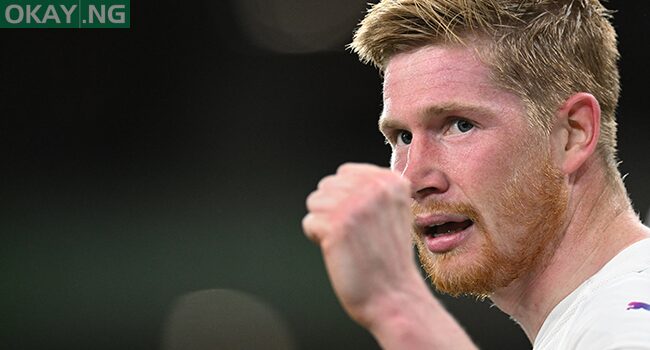 Manchester City’s Belgian midfielder Kevin De Bruyne celebrates after scoring his team fourth goal during the English Premier League football match between Wolverhampton Wanderers and Manchester City at the Molineux stadium in Wolverhampton, central England on May 11, 2022. Paul ELLIS / AFP
