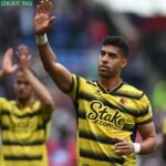 Watford’s Moroccan-born Italian defender Adam Masina gestures to supporters after the English Premier League football match between Crystal Palace and Watford at Selhurst Park in south London on May 7, 2022. Daniel LEAL / AFP