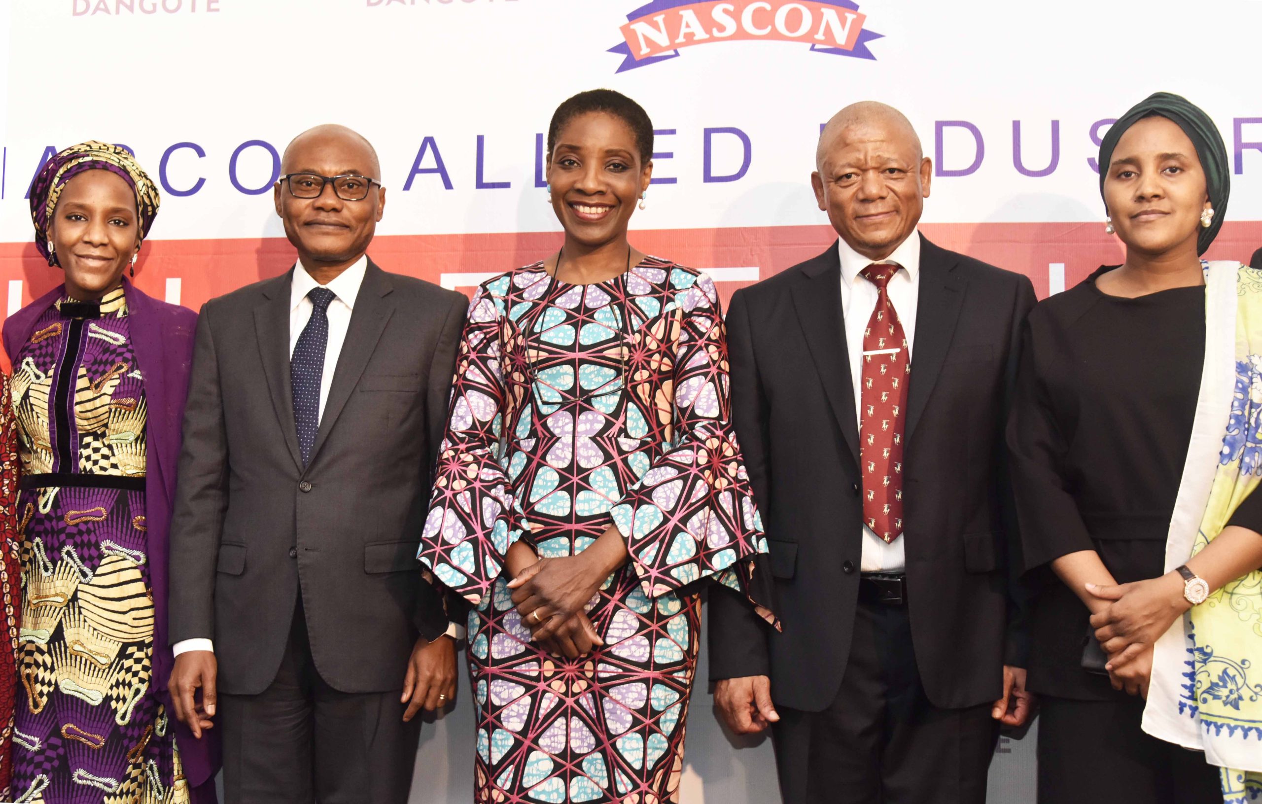 L-R: Director, NASCON Allied Industries Plc, Halima Aliko Dangote; Group Managing Director, Dangote Industries Limited/Director, NASCON Allied Industries Plc, Olakunle Alake; Chairperson, NASCON Allied Industries Plc, 'Yemisi Ayeni; Acting Managing Director, NASCON Allied Industries Plc, Thabo Mabe; and Executive Director, Commercial, NASCON Allied Industries Plc, Fatima Aliko Dangote, at the 2021 Annual General Meeting (AGM) of NASCON Allied Industries Plc in Lagos on June 3, 2022