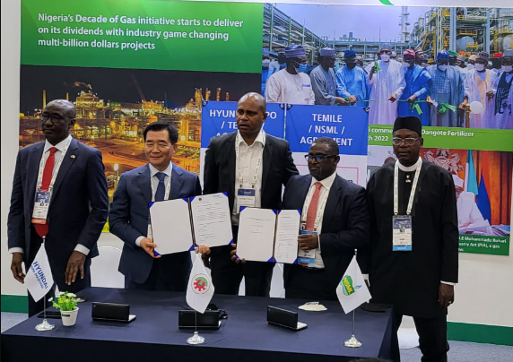 L-R- Mele Kyari (GMD, NNPC), H. D. Shin (President/CEO, Hyundai Mipo Dockyard), Alfred Temile (MD/CEO, Temile Development Co.), Abdulkadir Ahmed (MD/CEO, NSML), Ali Magashi (H.E. Ambassador of Nigeria to South Korea) - 25th May, 2022.
