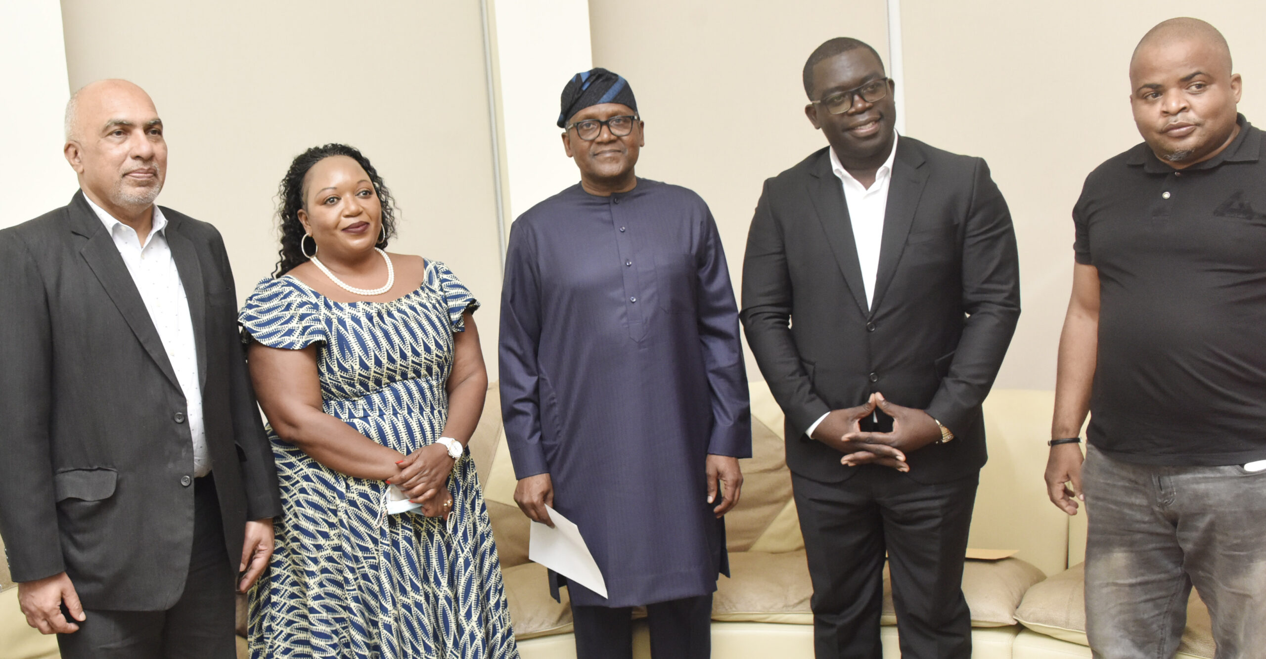 L-R, Dangote Cement Zambia, CEO, Vipul Agrawal, Dangote Cement Zambia, Director, Lynda Mataka, President/CE of Dangote Industries limited, Aliko Dangote, Zambia Minister of Commerce, Trade & Trade: Chipoka Mulenga, Zambia High Commissioner to Nigeria, Oscar Shitima, During the Zambia Minister Visit the President/CE of Dangote Industries Limited, in his Residence, Victoria Island Lagos, on Saturday 20, August 2022