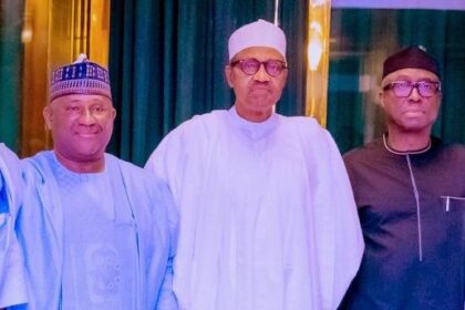 President Muhammadu Buhari, President, Federal Republic of Nigeria (Middle) Abdul Samad Rabiu, Founder & Executive Chairman, BUA Group (Left), and Niyi Adebayo, Nigerian Minister of Industry, Trade and Investment (Right) during the visit of Abdul Samad Rabiu and BUA Group Management Team, to the State House in Abuja, today.