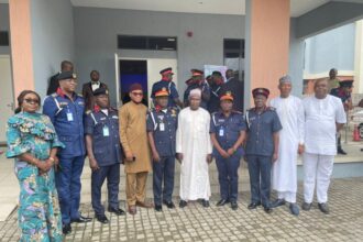L-R: Nnena Ukoha, Head, Corporate Communication, Nigerian Communucations Commission (NCC); Eweka Okoro, Lagos State Commandant, Nigerian Security and Civil Defence Corps (NSCDC); Adamu Kambra, Commandant, National Headquarters, Abuja, NSCDC; Ephraim Nwokonneya, Director, Compliance Monitoring and Enforcement, NCC; Agboola Sunday, Osun State Commandant, NSCDC; Mohammed Babajika, Director, Licensing and Authorisation, NCC; Ajibola Niyi, Ogun State Commandant, NSCDC; Femi Ete, Oyo State Deputy Commandant, NSCDC; Salisu Abdu, Head, Enforcememt, NCC, and Yomi Arowosafe, Lagos Zonal Controller, NCC, during a one-day workshop organised for the South West leadership of the NSCDC in Lagos recently.