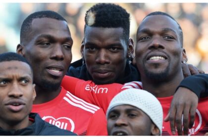 In this file photo taken on December 29, 2019, the Pogba brothers, Manchester United and France midfielder Paul Pogba (C), Atlanta United defender Florentin Pogba (L), and CD Manchego midfielder Mathias Pogba (R), pose prior to a gala football match between All-Star France and Guinea at the Vallee du Cher Stadium in Tours, central France, as part of the “48h for Guinea” charity event. Photo by GUILLAUME SOUVANT / AFP)