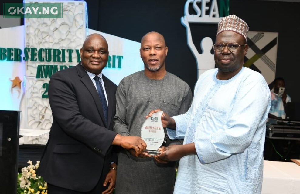 L-R: Director, Public Affairs, Nigerian Communications Commission (NCC), Mr. Reuben Mouka; Chief Operating Officer, Halogen Group, Dr. Wale Adeagbo and Director, New Media and Information Security, NCC, Dr. Alhassan Haru during the presentation of the 2022 Cybersecurity Award for Best Public Sector Organisation to NCC at the maiden Cybersecurity Merit Awards 2022 organised by Cybersecurity Experts Association of Nigerian in Lagos at the weekend.