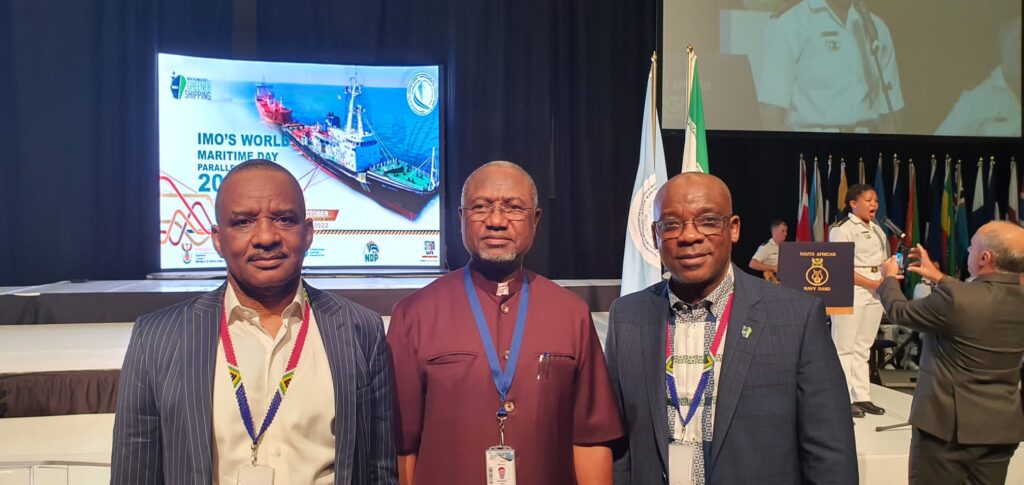 From left: Director General of the Nigerian Maritime Administration and Safety Agency NIMASA, Dr. Bashir Jamoh OFR; Nigeria's High Commissioner to South Africa, H.E. Mr Kabiru Bala and Nigeria's Alternate Permanent Representative (APR) to the IMO Abdul Dirisu at the World Maritime Day Parallel Event in Durban, South Africa