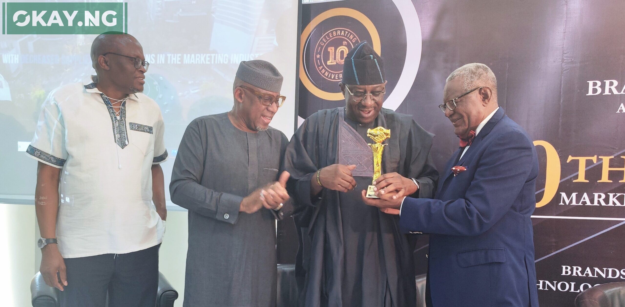 L-R: Managing Director/Chief Operating Officer, ThisDay Newspapers, Eniola Bello; President, African Public Relations Association, Yomi Badejo-Okusanya; Executive Commissioner, Stakeholder Management, Nigerian Communications Commission (NCC), Adeleke Adewolu and Chairman, STB-McCann, Steve Omojafor, during the annual conference of the Brand Journalists Association of Nigeria (BJAN) where the NCC received "The Regulator of the Decade Award" in Lagos at the weekend.