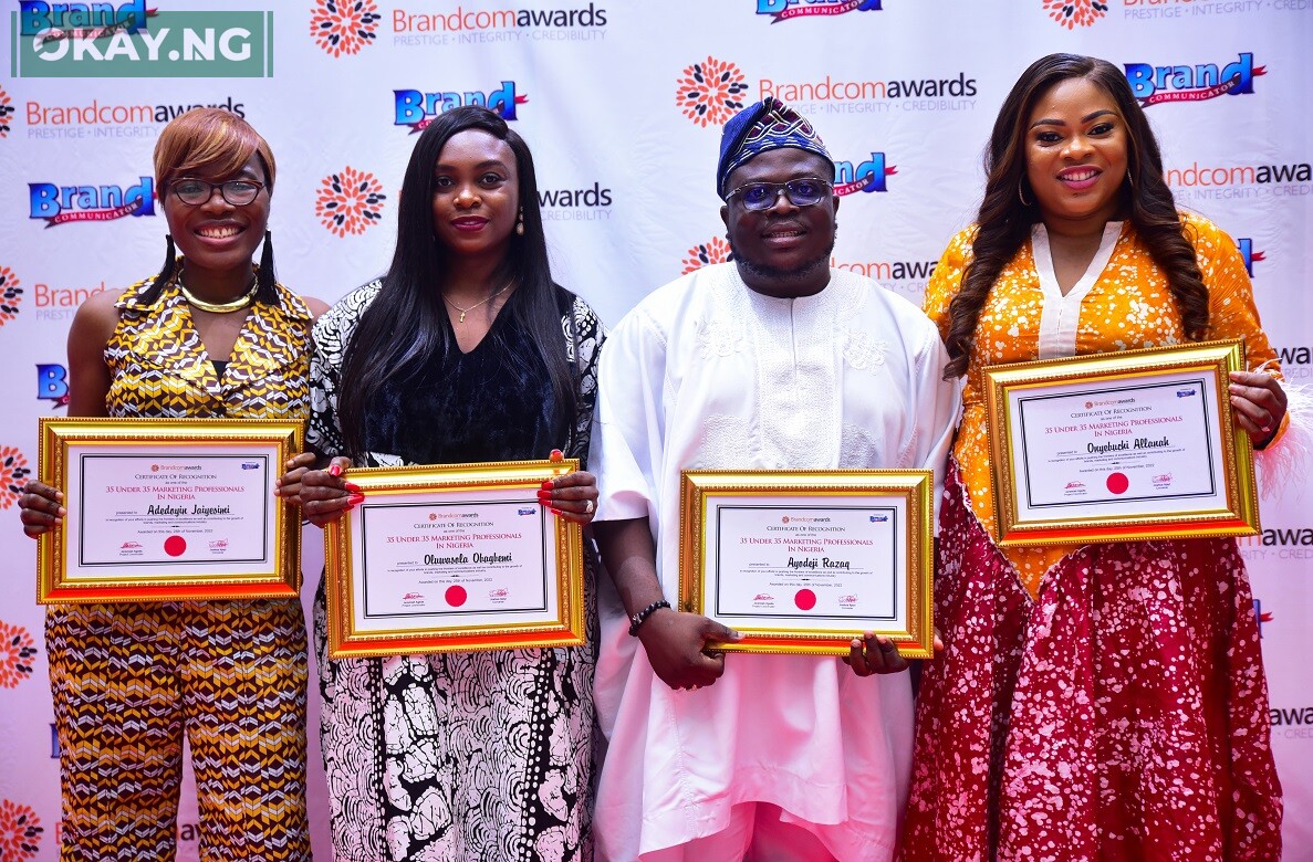 L-R: Co-founder, The Comms Avenue, Adedoyin Jaiyesimi; Corporate Communications Manager, Anglophone West Africa at Meta, Oluwasola Obagbemi; CEO, RED| For Africa, Ayodeji Rasaq; and Senior Brand Manager, Maltina, Onyebuchi Allanah at the Brandcom Awards 2022 in Lagos.