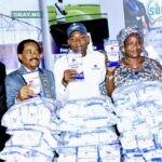 L-R, Lagos Chamber of Commerce and industry (LCCI) Vice President, Engr. Leye Kupoluyi, President of Lagos Chamber of Commerce and industry, ( Dr.) Olawale Cole, Dangote Industries Limited, Group Chief Commercial Officer, Rabiu Umar, Dangote Suger Refinery Plc, Retail Sugar Customer, Adedamola Funke, Lagos Chamber of Commerce and industry (LCCI) Vice President, Gabriel Idahosa, Dangote Industries Limited, at the Launching of Dangote Retail Sugar During the Dangote Group Special Day In the 2022 Lagos International Trade Fair in Lagos on Wednesday 9th November 2022