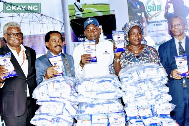 L-R, Lagos Chamber of Commerce and industry (LCCI) Vice President, Engr. Leye Kupoluyi, President of Lagos Chamber of Commerce and industry, ( Dr.) Olawale Cole, Dangote Industries Limited, Group Chief Commercial Officer, Rabiu Umar, Dangote Suger Refinery Plc, Retail Sugar Customer, Adedamola Funke, Lagos Chamber of Commerce and industry (LCCI) Vice President, Gabriel Idahosa, Dangote Industries Limited, at the Launching of Dangote Retail Sugar During the Dangote Group Special Day In the 2022 Lagos International Trade Fair in Lagos on Wednesday 9th November 2022