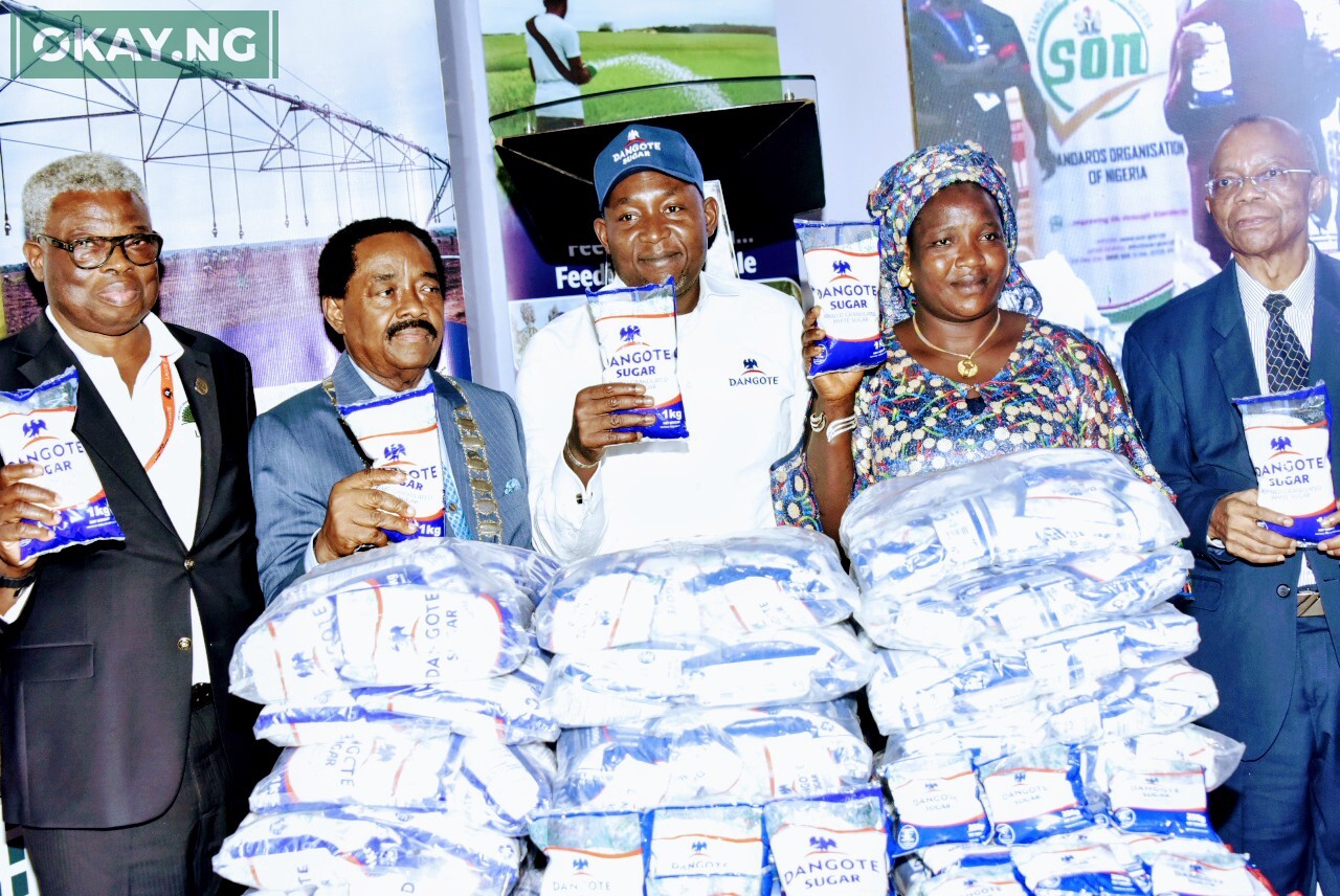 L-R, Lagos Chamber of Commerce and industry (LCCI) Vice President, Engr. Leye Kupoluyi, President of Lagos Chamber of Commerce and industry, ( Dr.) Olawale Cole, Dangote Industries Limited, Group Chief Commercial Officer, Rabiu Umar, Dangote Suger Refinery Plc, Retail Sugar Customer, Adedamola Funke, Lagos Chamber of Commerce and industry (LCCI) Vice President, Gabriel Idahosa, Dangote Industries Limited, at the Launching of Dangote Retail Sugar During the Dangote Group Special Day In the 2022 Lagos International Trade Fair in Lagos on Wednesday 9th November 2022