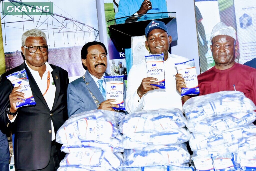 L-R, Lagos Chamber of Commerce and industry (LCCI) Vice President, Engr. Leye Kupoluyi, President of Lagos Chamber of Commerce and industry, ( Dr.) Olawale Cole, Dangote Industries Limited, Group Chief Commercial Officer, Rabiu Umar, Standard Organisation of Nigeria (SON) Director of Marketing, Riechard Adewunmi, at the Launching of Dangote Retail Sugar During the Dangote Group Special Day In the 2022 Lagos International Trade Fair in Lagos on Wednesday 9th November 2022