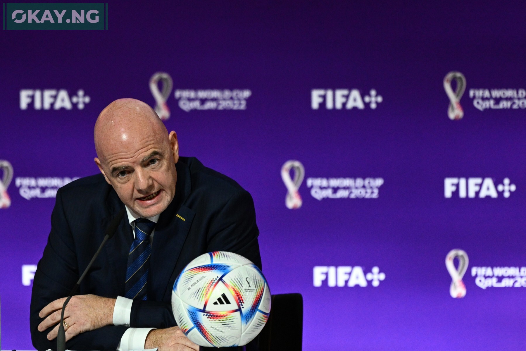 FIFA President Gianni Infantino speaks during a press conference at the Qatar National Convention Center (QNCC) in Doha on November 19, 2022, ahead of the Qatar 2022 World Cup football tournament. – Infantino hit back at Western critics of Qatar’s human rights record at his opening press conference of the World Cup on November 19, blasting their “hypocrisy”. (Photo by GABRIEL BOUYS / AFP)