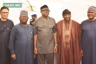 L-R: Group Managing Director, Dangote Sugar Refinery Plc, Ravindra Singhvi; Chief of Staff to the Adamawa State Governor, Prof. Maxwell Gidado; Hon. Minister of Industry, Trade and Investment, Otunba Adeniyi Adebayo; Deputy Governor of Adamawa State, Crowder Seth and President/CE Dangote Industries Limited, Aliko Dangote at the Flag-off ceremony of 2022/2023 Crushing Season and Outgrower Scheme Awards at Dangote Sugar Refinery in Numan, Adamawa State yesterday.