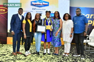 L-R: Titus Schwa Bankole, Bee Master; Odunayo Sanya, Executive Secretary, MTN Foundation; Ifeoluwa Oyeyipo, Acting Senior Manager Youth Segment, MTN Nigeria; Kate Ene David, Winner, 2022 MTN mPulse Spelling Bee; Ugonwa Nwoye, Chief Customer Service Officer, MTN Nigeria; Esther Akinnukawe, Chief Human Resources Officer, MTN Nigeria and Idowu Adesokan, Acting General Manager, Consumer Marketing, MTN Nigeria, at the 2022 MTN mPulse Spelling Bee Grand Finale, which held at the MTN Nigeria Rooftop, Ikoyi Lagos on November 26, 2022.