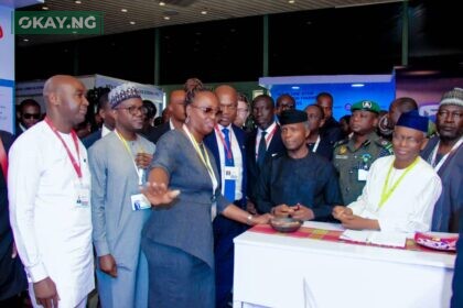 L-R: Managing Director/Chief Executive Officer , Nigeria LNG Limited, Philip Mshelbila; General Manager, Business Relations, Shell Companies in Nigeria, Bashir Bello; Managing Director, Shell Nigeria Exploration and Production Company Limited, Elohor Aiboni; Managing Director, The Shell Petroleum Development Company of Nigeria (SPDC) Limited and Country Chair, Shell Companies in Nigeria, Osagie Okunbor, receiving Chairman, Nigeria Economic Summit Group, Asue Ighodalo ; Kaduna State, Governor Nasir El-Rufai and the Vice President, Prof. ‘Yemi Osinbajo at the Shell exhibition stand during the opening of the 28th Nigeria Economic Summit in Abuja… on Monday.