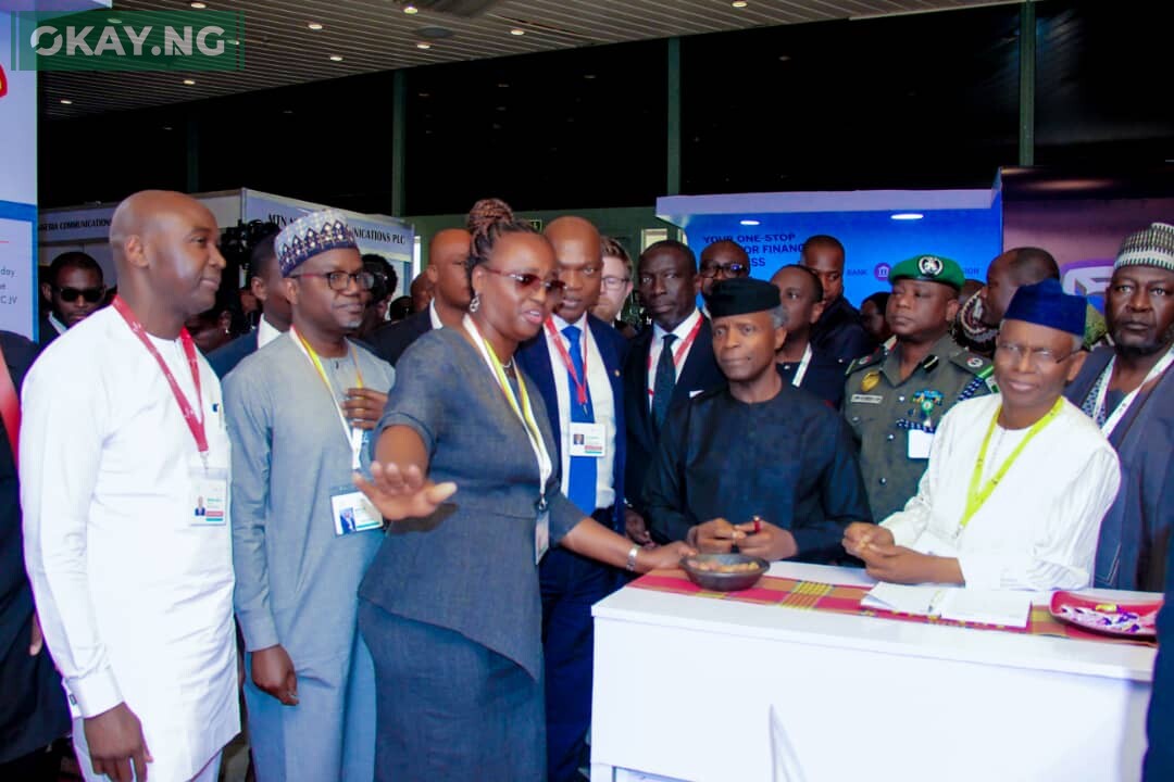 L-R: Managing Director/Chief Executive Officer , Nigeria LNG Limited, Philip Mshelbila; General Manager, Business Relations, Shell Companies in Nigeria, Bashir Bello; Managing Director, Shell Nigeria Exploration and Production Company Limited, Elohor Aiboni; Managing Director, The Shell Petroleum Development Company of Nigeria (SPDC) Limited and Country Chair, Shell Companies in Nigeria, Osagie Okunbor, receiving Chairman, Nigeria Economic Summit Group, Asue Ighodalo ; Kaduna State, Governor Nasir El-Rufai and the Vice President, Prof. ‘Yemi Osinbajo at the Shell exhibition stand during the opening of the 28th Nigeria Economic Summit in Abuja… on Monday.