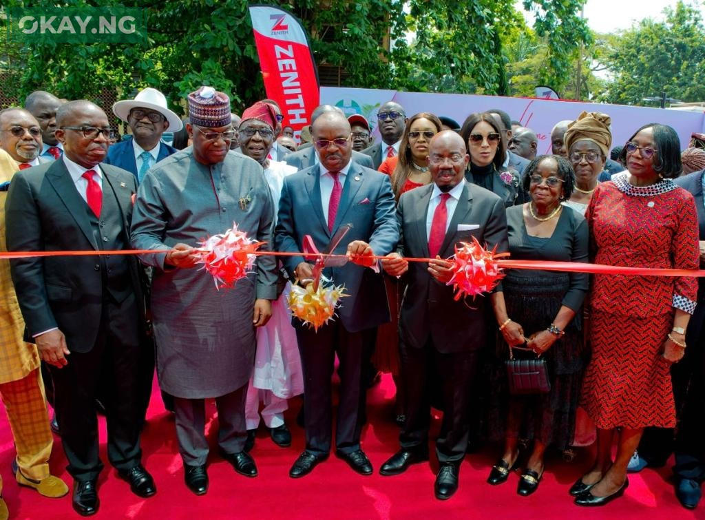 L-R: Group Managing Director/CEO, Zenith Bank Plc, Mr. Ebenezer Onyeagwu; President, Unilag Alumni Association, Dr. John Momoh; Executive Governor, Akwa Ibom State, Elder Udom Emmanuel; Founder and Chairman, Zenith Bank Plc, Jim Ovia, CFR; Deputy Managing Director, Zenith Bank Plc (2nd Right - 2nd Row), Dame (Dr.) Adaora Umeoji, OON; Wife of Late Prof. Oyewusi Ibidapo-Obe, Mrs. Sola Ibidapo-Obe; and Vice Chancellor, University of Lagos, Prof. Folasade Ogunsola during the Commissioning of the Iconic Building (Oyewusi Ibidapo-Obe House) housing Zenith Bank Unilag Branch and Unilag Alumni, on Friday, November 25, 2022.