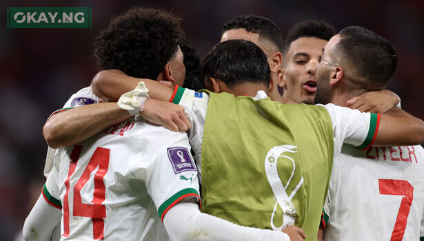 Morocco’s forward #14 Zakaria Aboukhlal (L) celebrates with teammates after scoring his team’s second goal during the Qatar 2022 World Cup Group F football match between Belgium and Morocco at the Al-Thumama Stadium in Doha on November 27, 2022. (Photo by Fadel Senna / AFP)
